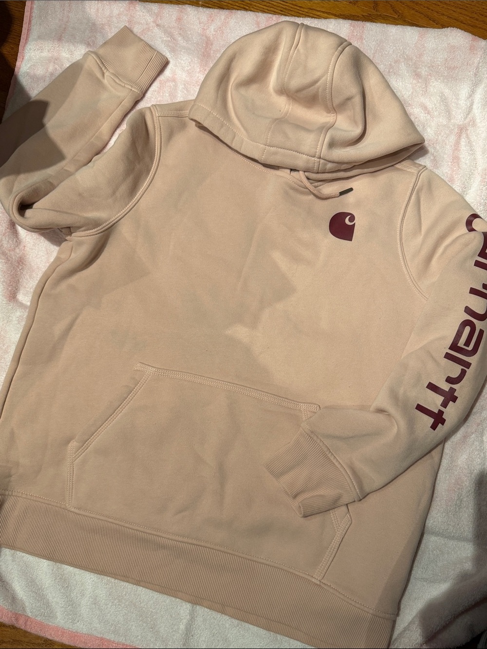 Carhartt Men’s Crewneck Hoodie in Light Blush with Maroon Logo